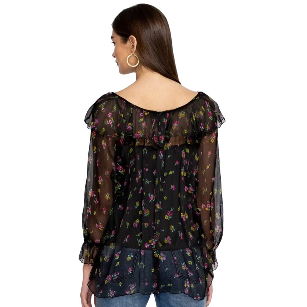 Johnny Was Jade Fernanda Silk Peasant Romantic Sheer Floral Ruffle Blouse Size L - Picture 10 of 14